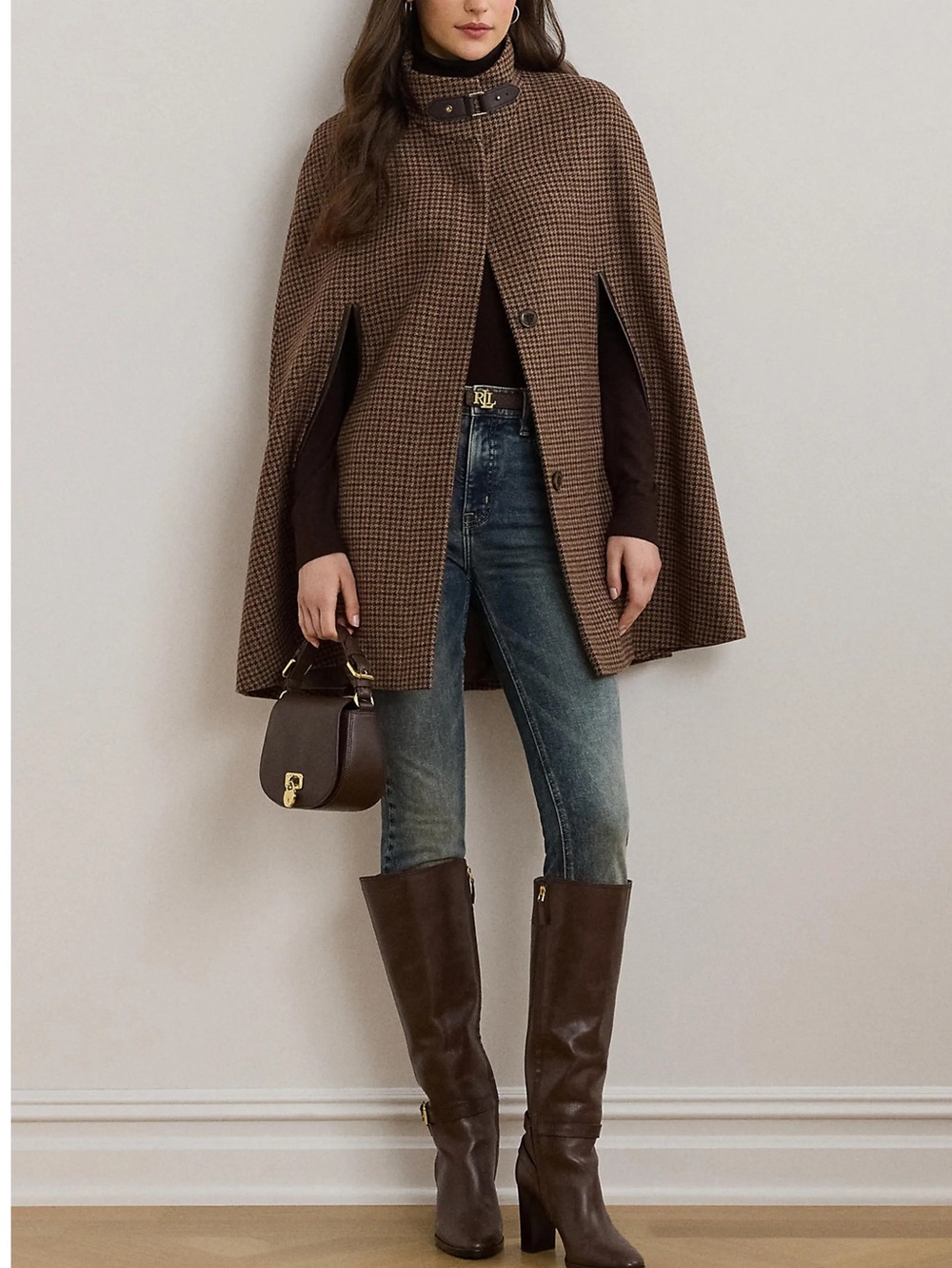 Ralph Lauren Brown Houndstooth Buckle-Collar Cape